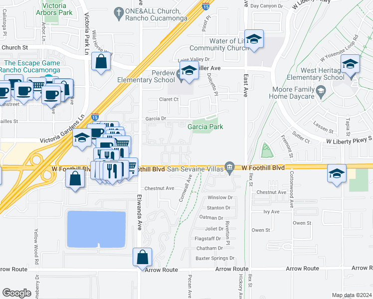 map of restaurants, bars, coffee shops, grocery stores, and more near 13288 Foothill Boulevard in Rancho Cucamonga