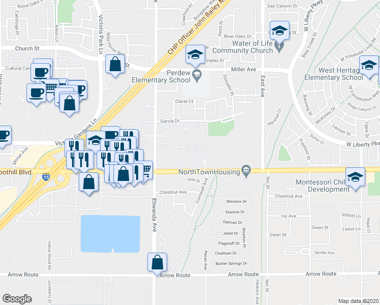 map of restaurants, bars, coffee shops, grocery stores, and more near 8090 Cornwall Court in Rancho Cucamonga