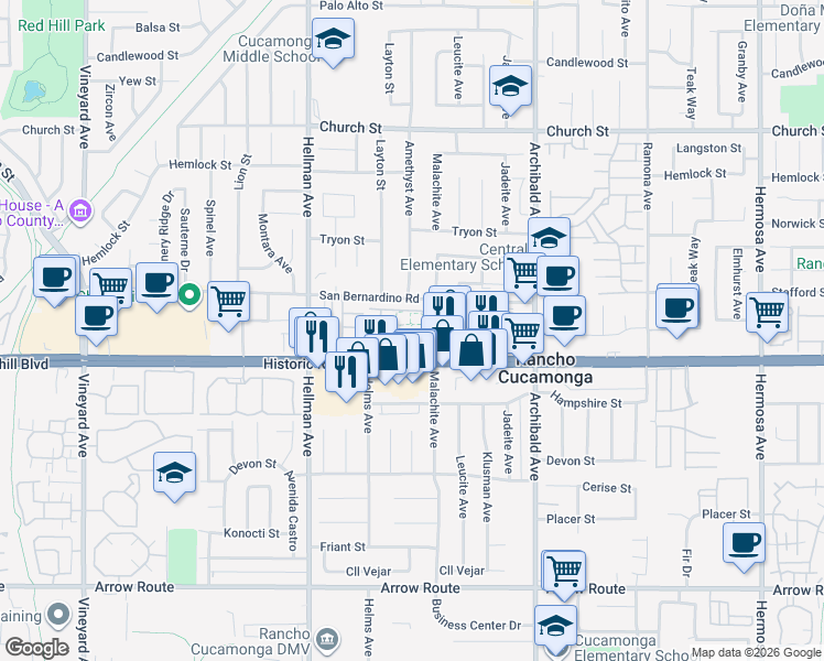 map of restaurants, bars, coffee shops, grocery stores, and more near 9471 Jack Rabbit Drive in Rancho Cucamonga