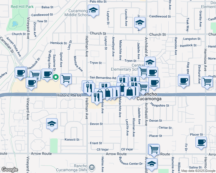 map of restaurants, bars, coffee shops, grocery stores, and more near 9471 Jack Rabbit Drive in Rancho Cucamonga