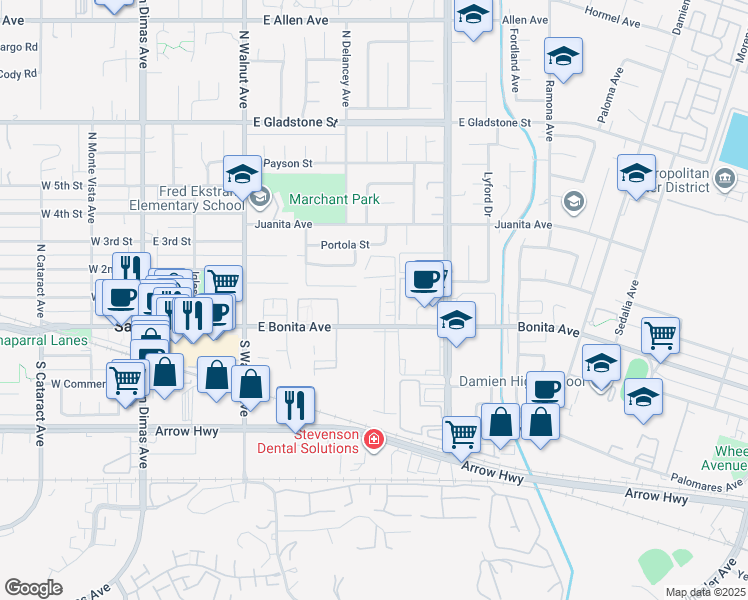 map of restaurants, bars, coffee shops, grocery stores, and more near 555A Damien Avenue in San Dimas