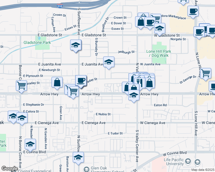 map of restaurants, bars, coffee shops, grocery stores, and more near 1110 Strawberry Lane in Glendora