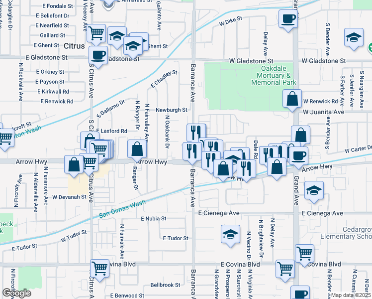map of restaurants, bars, coffee shops, grocery stores, and more near 1007 Arrow Highway in Glendora