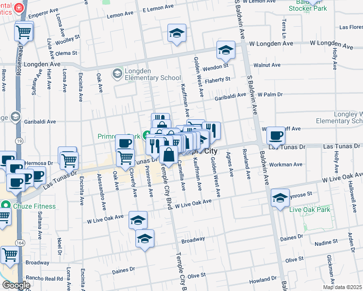 map of restaurants, bars, coffee shops, grocery stores, and more near 9659 East Las Tunas Drive in Temple City