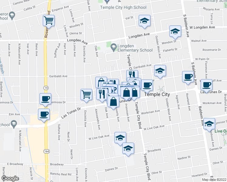 map of restaurants, bars, coffee shops, grocery stores, and more near 5918 Cloverly Avenue in Temple City