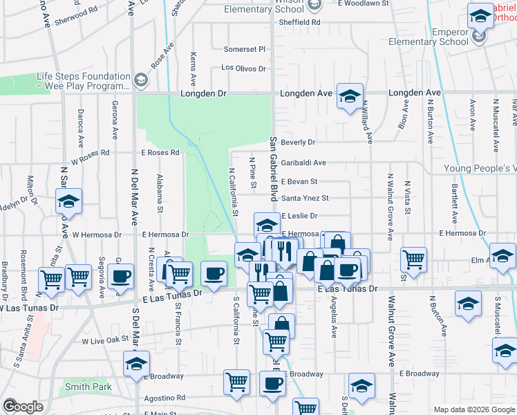map of restaurants, bars, coffee shops, grocery stores, and more near 312 North Pine Street in San Gabriel