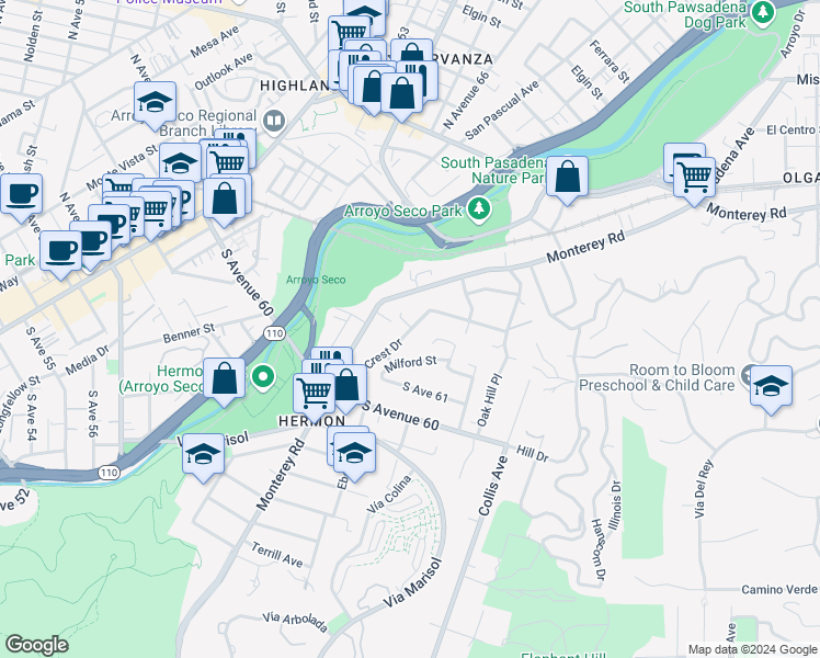 map of restaurants, bars, coffee shops, grocery stores, and more near 651 Shafter Way in Los Angeles