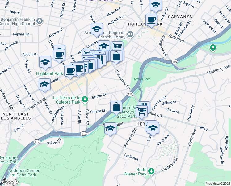 map of restaurants, bars, coffee shops, grocery stores, and more near 333 South Avenue 59 in Los Angeles
