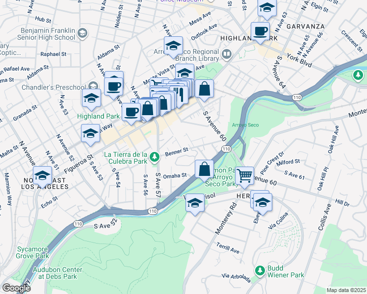 map of restaurants, bars, coffee shops, grocery stores, and more near 5840 Benner Street in Los Angeles