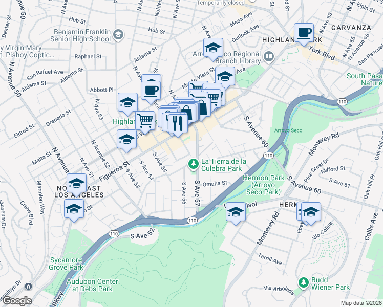map of restaurants, bars, coffee shops, grocery stores, and more near 206 South Avenue 57 in Los Angeles