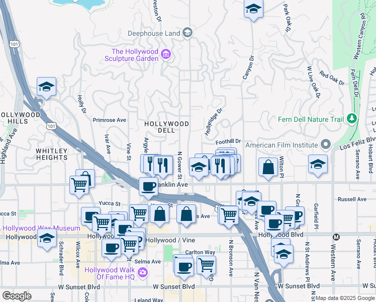 map of restaurants, bars, coffee shops, grocery stores, and more near 1962 North Beachwood Drive in Los Angeles