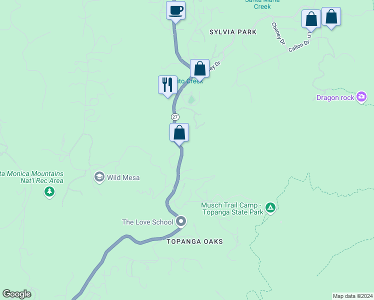 map of restaurants, bars, coffee shops, grocery stores, and more near 1234 North Topanga Canyon Boulevard in Topanga