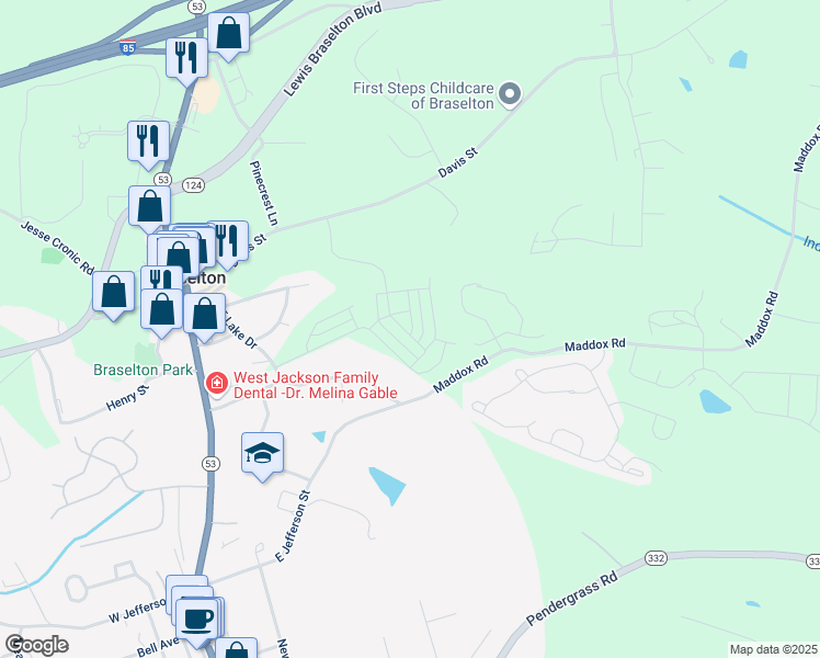 map of restaurants, bars, coffee shops, grocery stores, and more near 117 Goshawk Street in Braselton