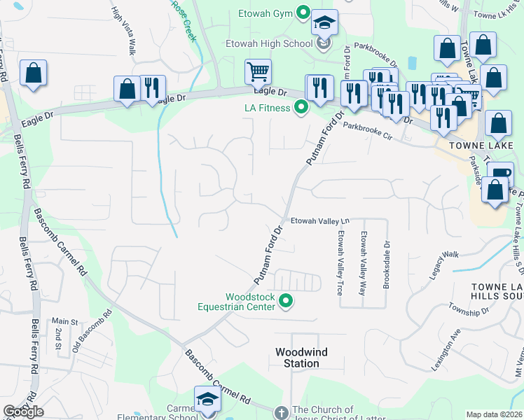 map of restaurants, bars, coffee shops, grocery stores, and more near 2009 Spicers Lane in Woodstock