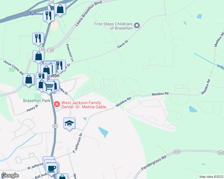 map of restaurants, bars, coffee shops, grocery stores, and more near 117 Goshawk Street in Braselton