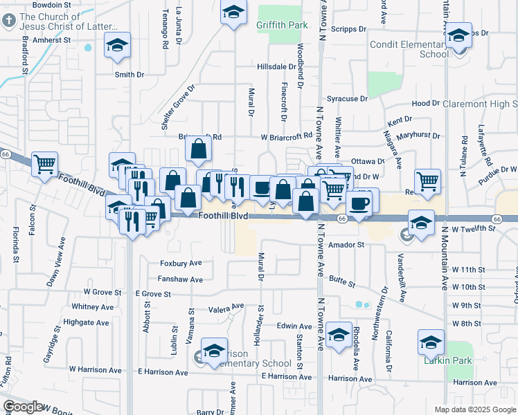 map of restaurants, bars, coffee shops, grocery stores, and more near 504 East Foothill Boulevard in Pomona