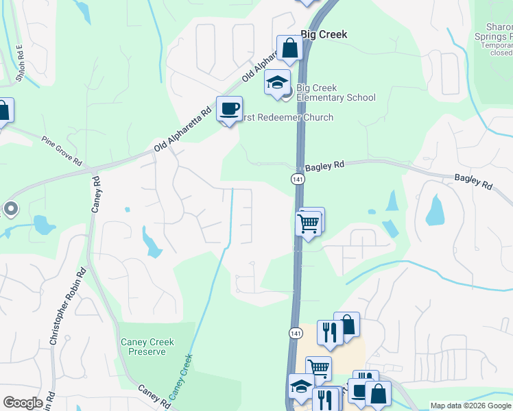 map of restaurants, bars, coffee shops, grocery stores, and more near 2715 Spring Harbor Drive in Cumming
