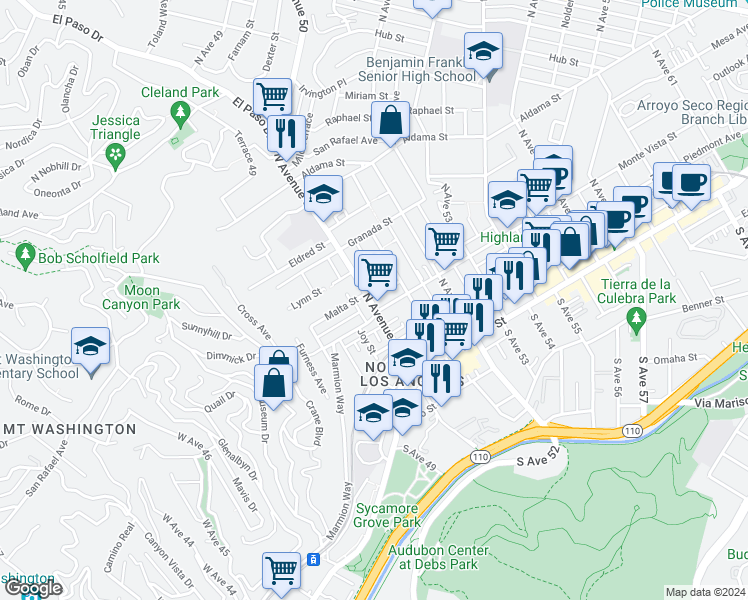 map of restaurants, bars, coffee shops, grocery stores, and more near 309 North Avenue 50 in Los Angeles
