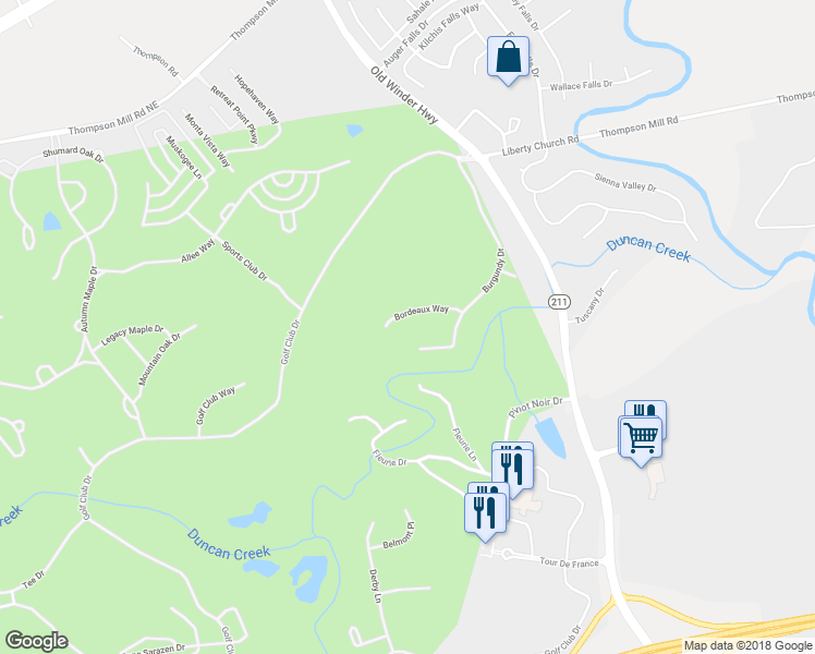 map of restaurants, bars, coffee shops, grocery stores, and more near 127 Bordeaux Way in Braselton