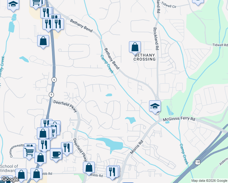 map of restaurants, bars, coffee shops, grocery stores, and more near 3335 Sonata Lane in Alpharetta