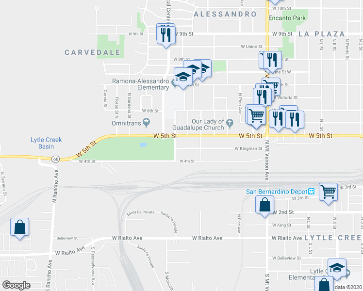 map of restaurants, bars, coffee shops, grocery stores, and more near 1576 West Kingman Street in San Bernardino