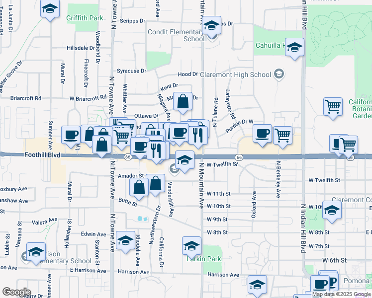 map of restaurants, bars, coffee shops, grocery stores, and more near 864-948 West Foothill Boulevard in Claremont