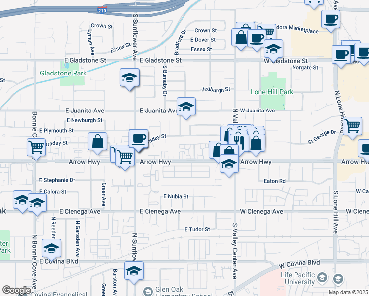 map of restaurants, bars, coffee shops, grocery stores, and more near 1110 Strawberry Lane in Glendora