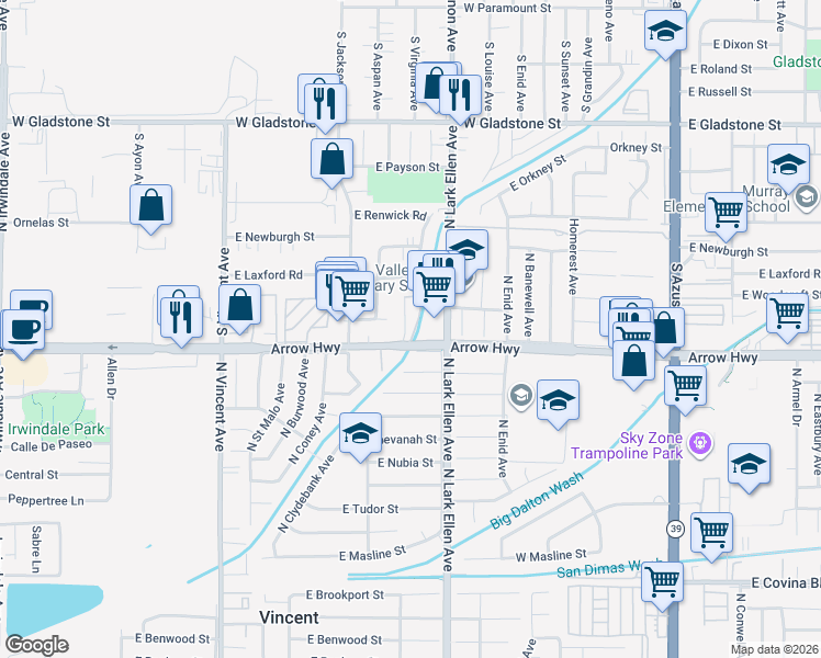 map of restaurants, bars, coffee shops, grocery stores, and more near 5204 North Roxburgh Avenue in Azusa