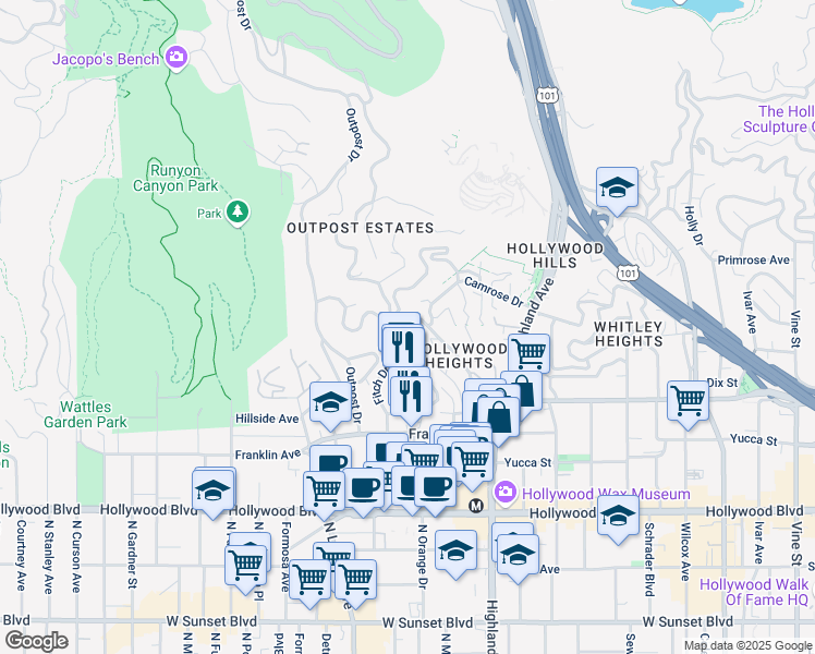 map of restaurants, bars, coffee shops, grocery stores, and more near 2040 North Sycamore Avenue in Los Angeles
