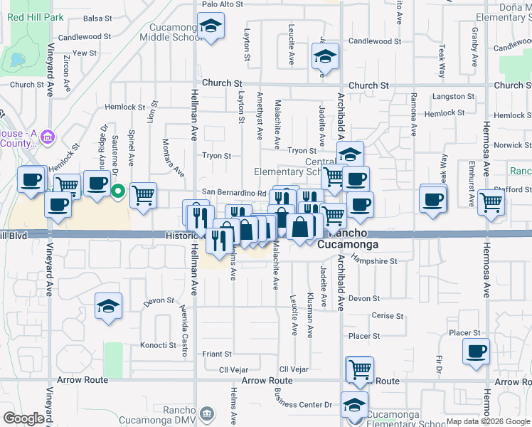 map of restaurants, bars, coffee shops, grocery stores, and more near 9494 Jack Rabbit Drive in Rancho Cucamonga