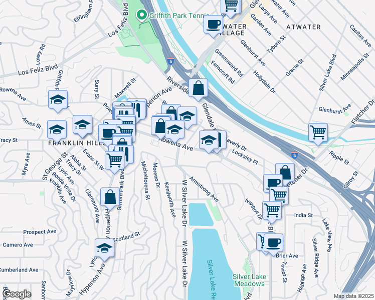 map of restaurants, bars, coffee shops, grocery stores, and more near 961 Towne Avenue in Los Angeles