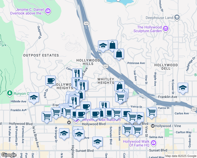 map of restaurants, bars, coffee shops, grocery stores, and more near 6682 Whitley Terrace in Los Angeles