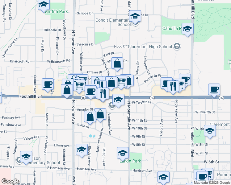 map of restaurants, bars, coffee shops, grocery stores, and more near 864-948 West Foothill Boulevard in Claremont