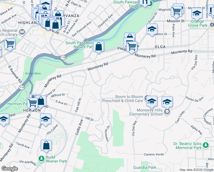 map of restaurants, bars, coffee shops, grocery stores, and more near 1231 Blair Avenue in South Pasadena