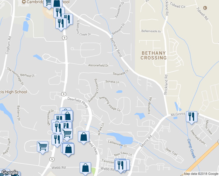 map of restaurants, bars, coffee shops, grocery stores, and more near 345 Silhouette Court in Alpharetta