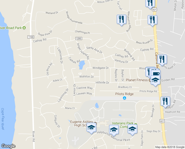 map of restaurants, bars, coffee shops, grocery stores, and more near 3911 Hailey Court in Wilmington