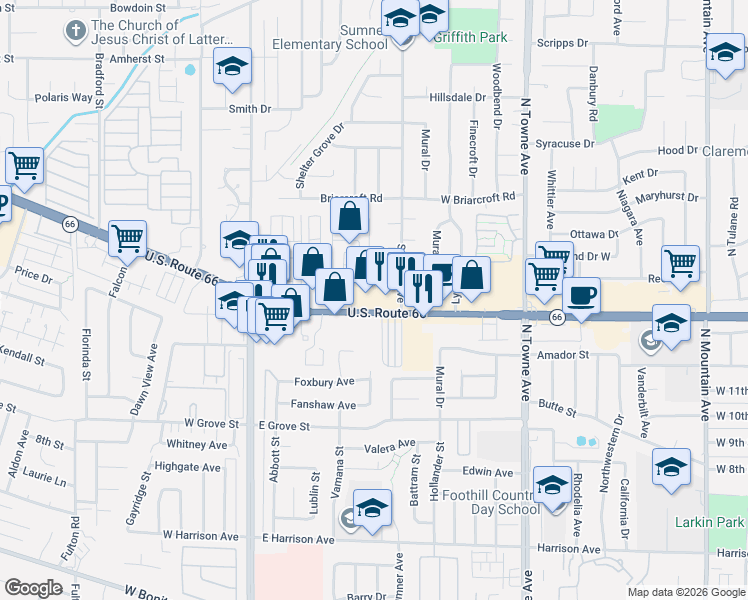 map of restaurants, bars, coffee shops, grocery stores, and more near 301 Foothill Boulevard in Pomona
