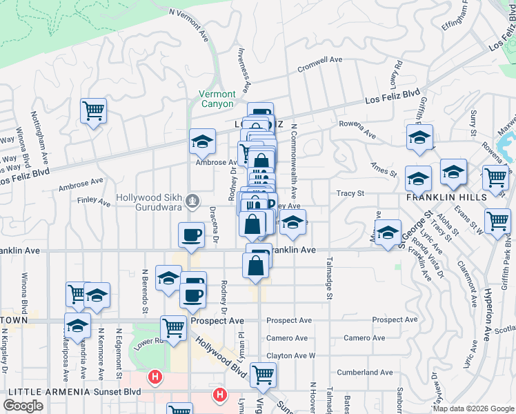 map of restaurants, bars, coffee shops, grocery stores, and more near 4451 Clarissa Avenue in Los Angeles