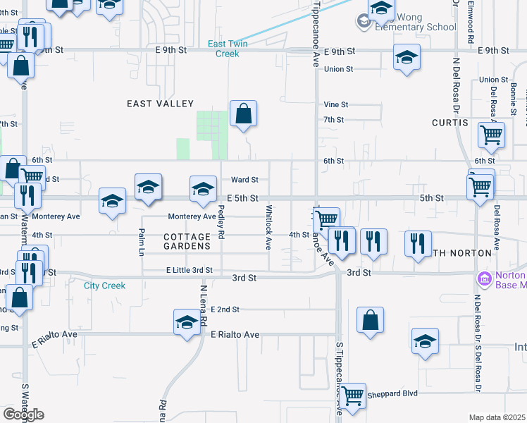 map of restaurants, bars, coffee shops, grocery stores, and more near 24790 Monterey Avenue in San Bernardino