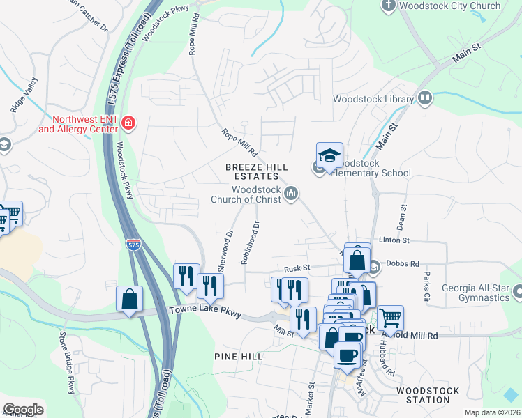 map of restaurants, bars, coffee shops, grocery stores, and more near 130 Robinhood Drive in Woodstock