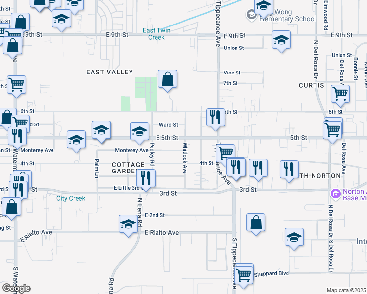 map of restaurants, bars, coffee shops, grocery stores, and more near 24799 Monterey Avenue in San Bernardino