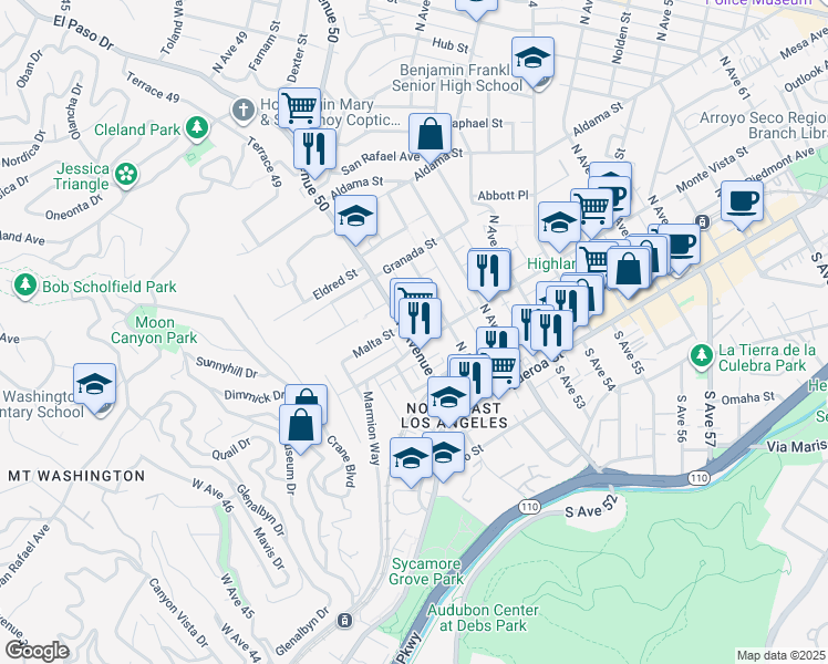 map of restaurants, bars, coffee shops, grocery stores, and more near 309 North Avenue 50 in Los Angeles