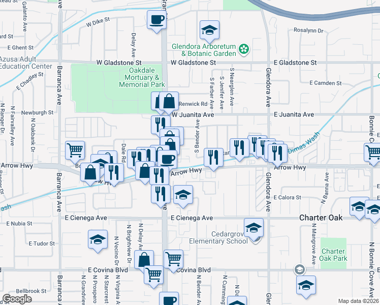 map of restaurants, bars, coffee shops, grocery stores, and more near 402 Fleetwood Place in Glendora
