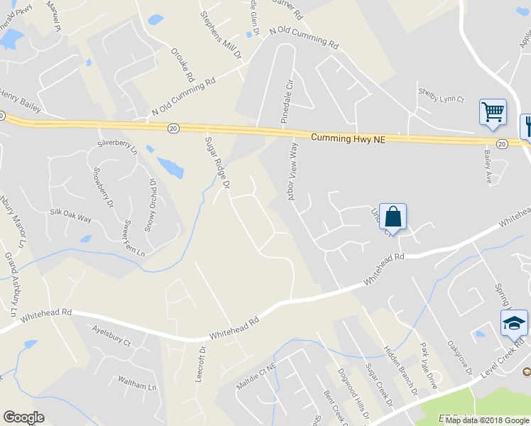 map of restaurants, bars, coffee shops, grocery stores, and more near 5319 Blue Grass Lane in Buford