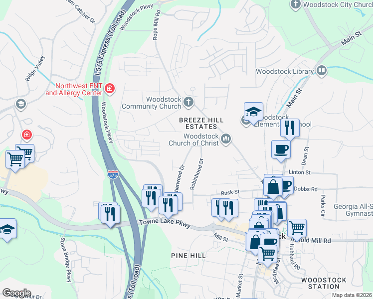 map of restaurants, bars, coffee shops, grocery stores, and more near 508 Friar Tuck Drive in Woodstock