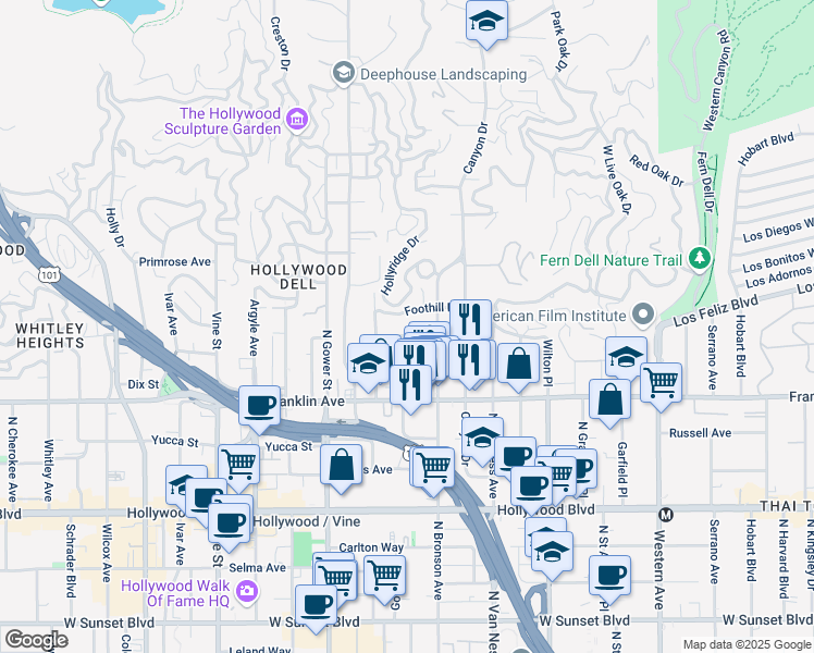 map of restaurants, bars, coffee shops, grocery stores, and more near 5935 Chula Vista Way in Los Angeles