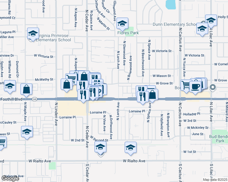 map of restaurants, bars, coffee shops, grocery stores, and more near 1100 Foothill Boulevard in Upland