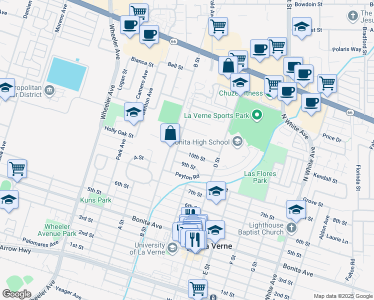 map of restaurants, bars, coffee shops, grocery stores, and more near 1963 10th Street in La Verne