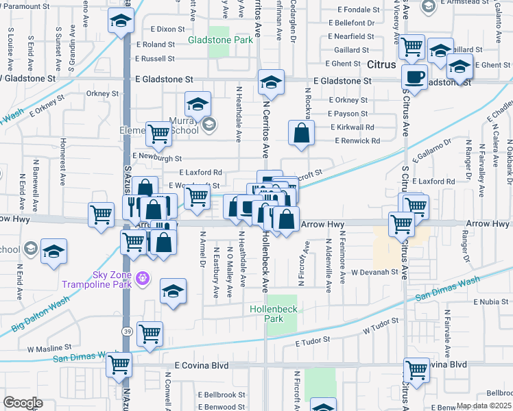 map of restaurants, bars, coffee shops, grocery stores, and more near 821 South Cerritos Avenue in Azusa