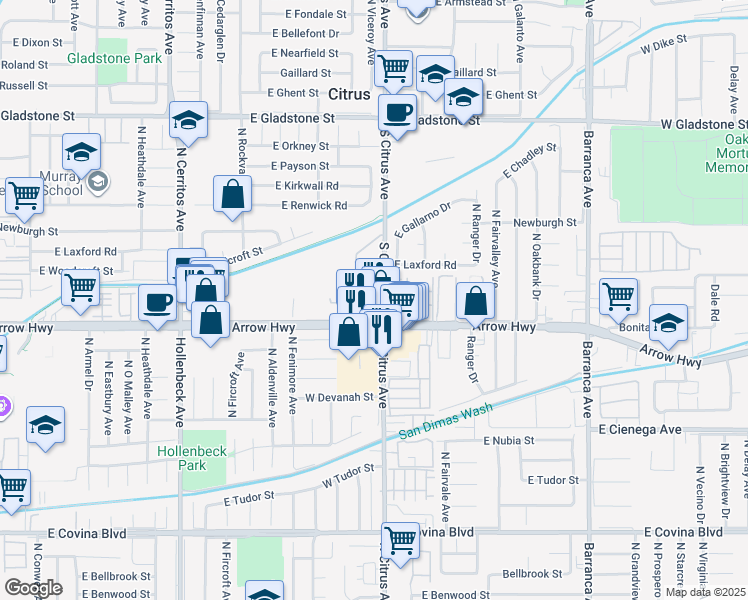 map of restaurants, bars, coffee shops, grocery stores, and more near 855 South Citrus Avenue in Azusa